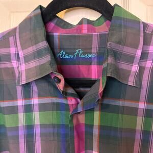Alan Flusser Button Shirt Designer Pink Plaid Colorful Men's Large Casual